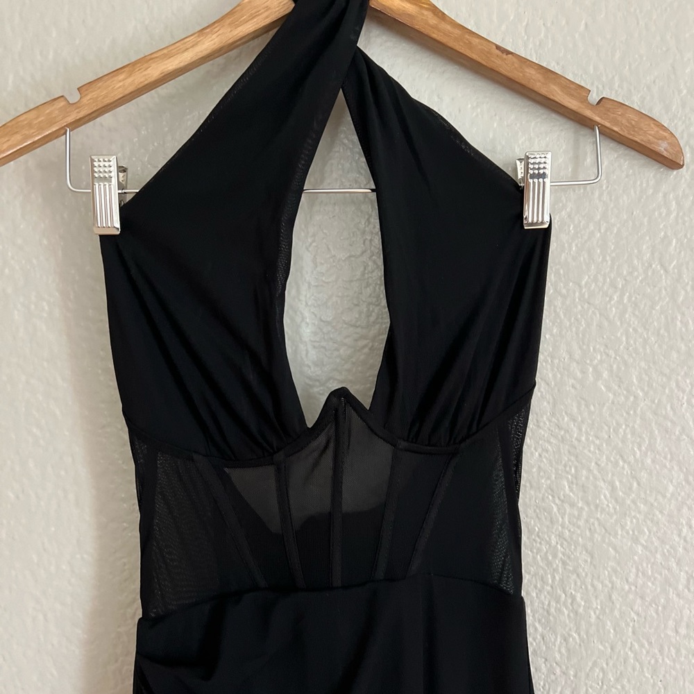 Never-Ending Glamour Black Mesh Cross-Front Halter Maxi Dress - Picture 4 of 7
